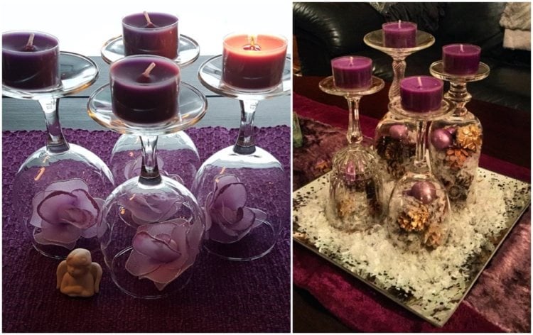 adventskranz mit weingläsern und teelichtern in violett