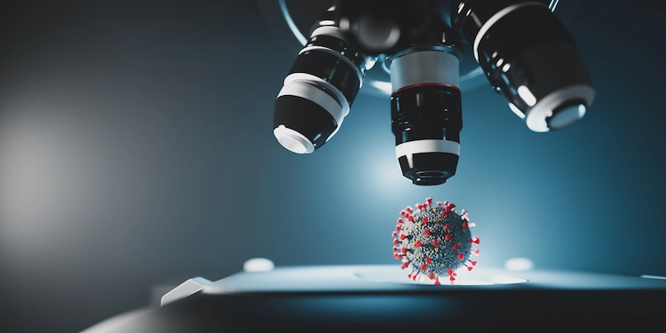 genetische mutation des coronavirus unter mikroskop könnte antikörper hemmen