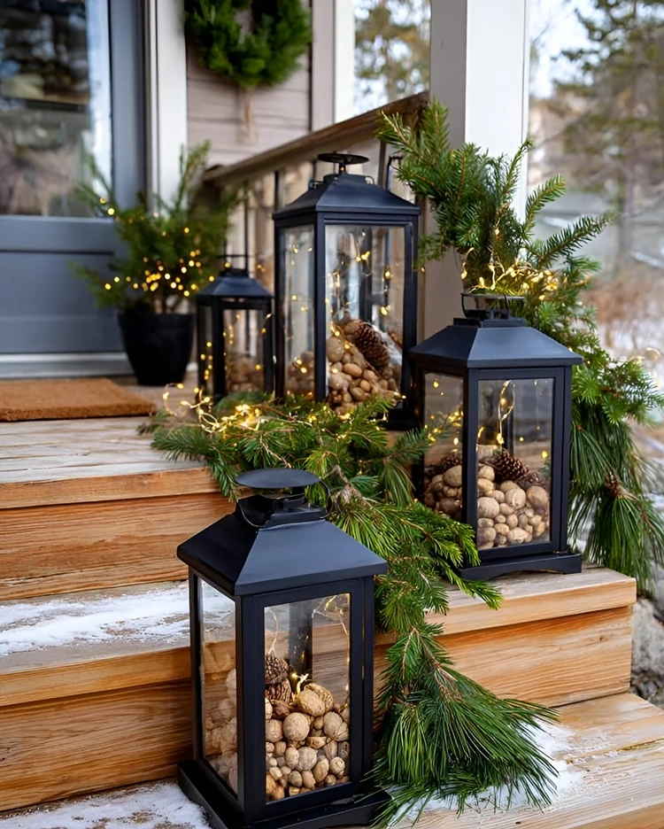 Laternen mit Nüsse füllen und durch immergrüne Girlanden ergänzen