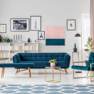 modern eingerichtetes wohnzimmer mit elementen im retro stil