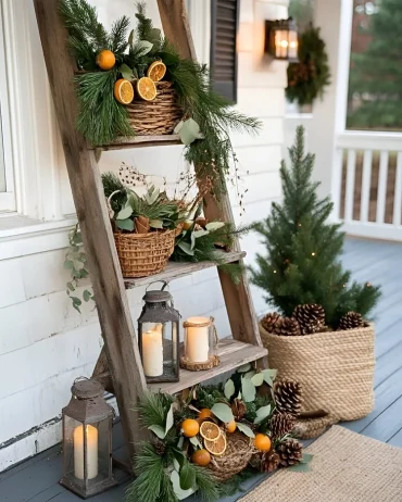 Nutzen Sie eine Holzleiter als Regal für winterlich gestaltete Körbe