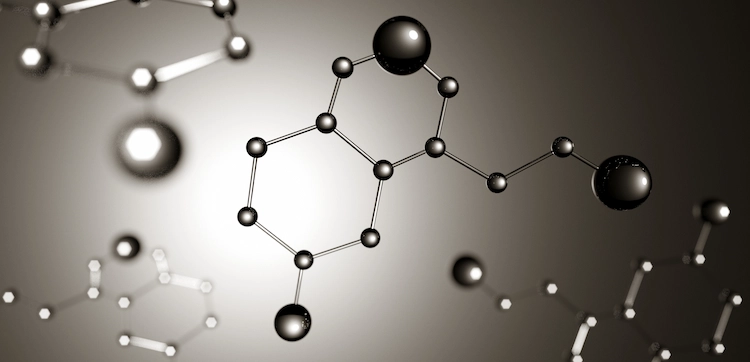 schwarz weißes 3d modell des moleküls von serotonin als hormon des glücks