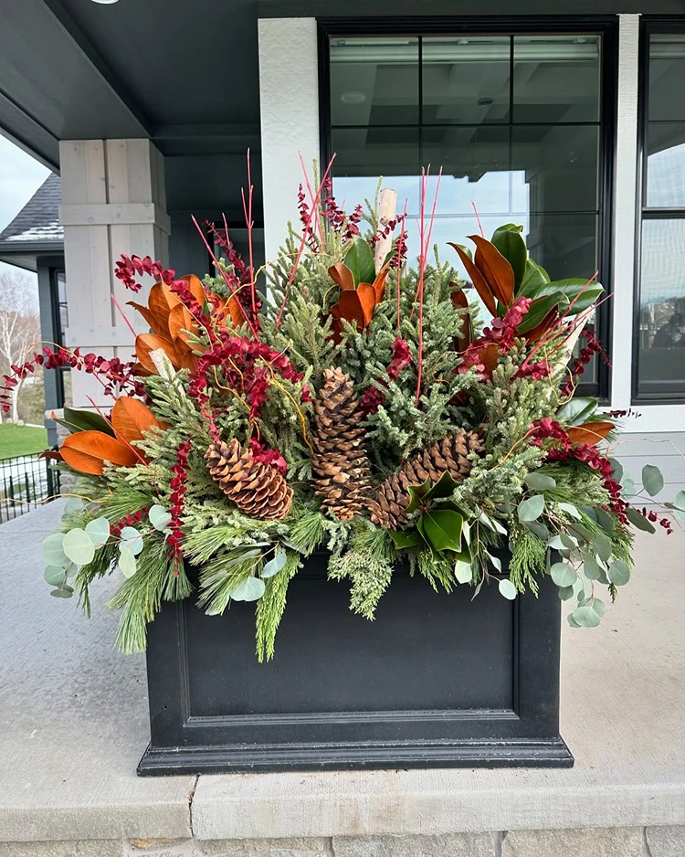 schwarze pflanzkiste mit viel tannengrün kiefernzapfen roten beeren braunen magnolienblättern und roten zweigen