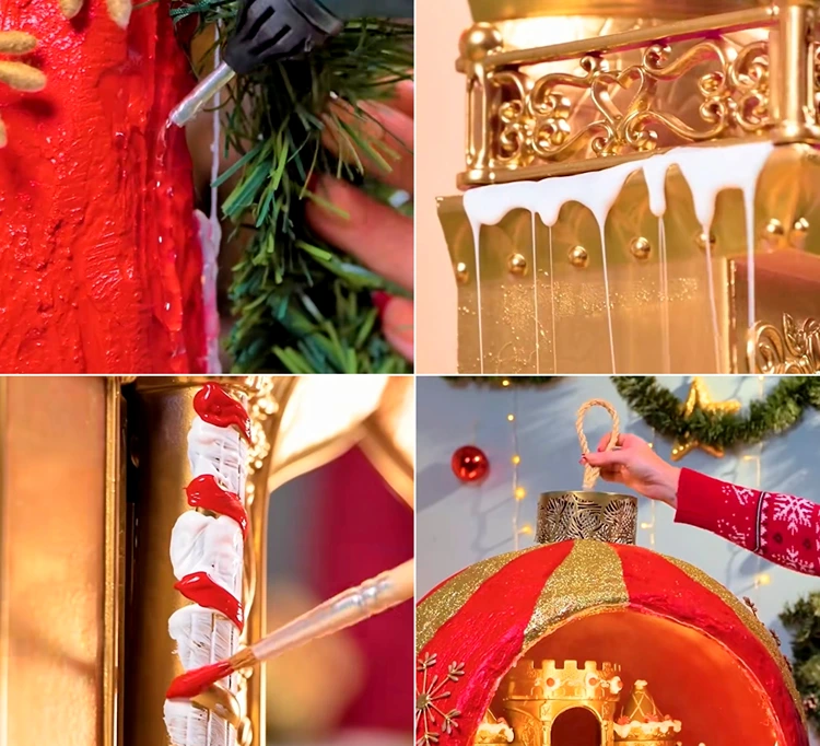 Spielzeugschloss gold sprühen und mit Heißkleber verzieren