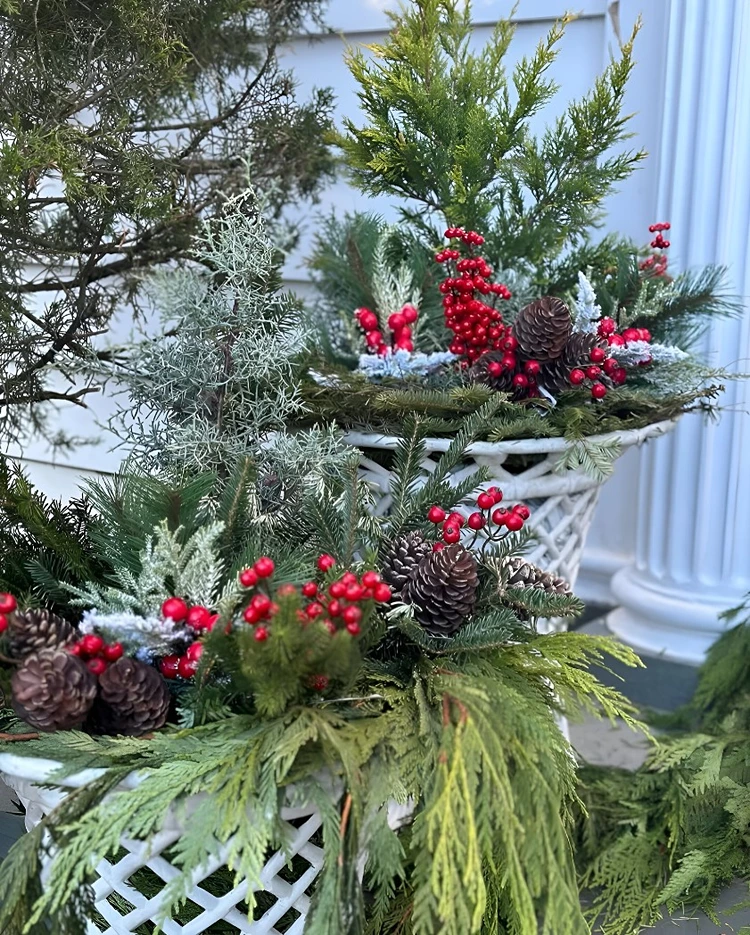 Winterdeko für den Hauseingang - Gesteck aus immergrünen Zweigen, Beeren und Tannenzapfen