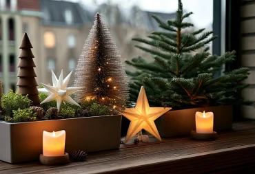 winterliche deko im balkonkasten mit sternen und mini weihnachtsbäumen