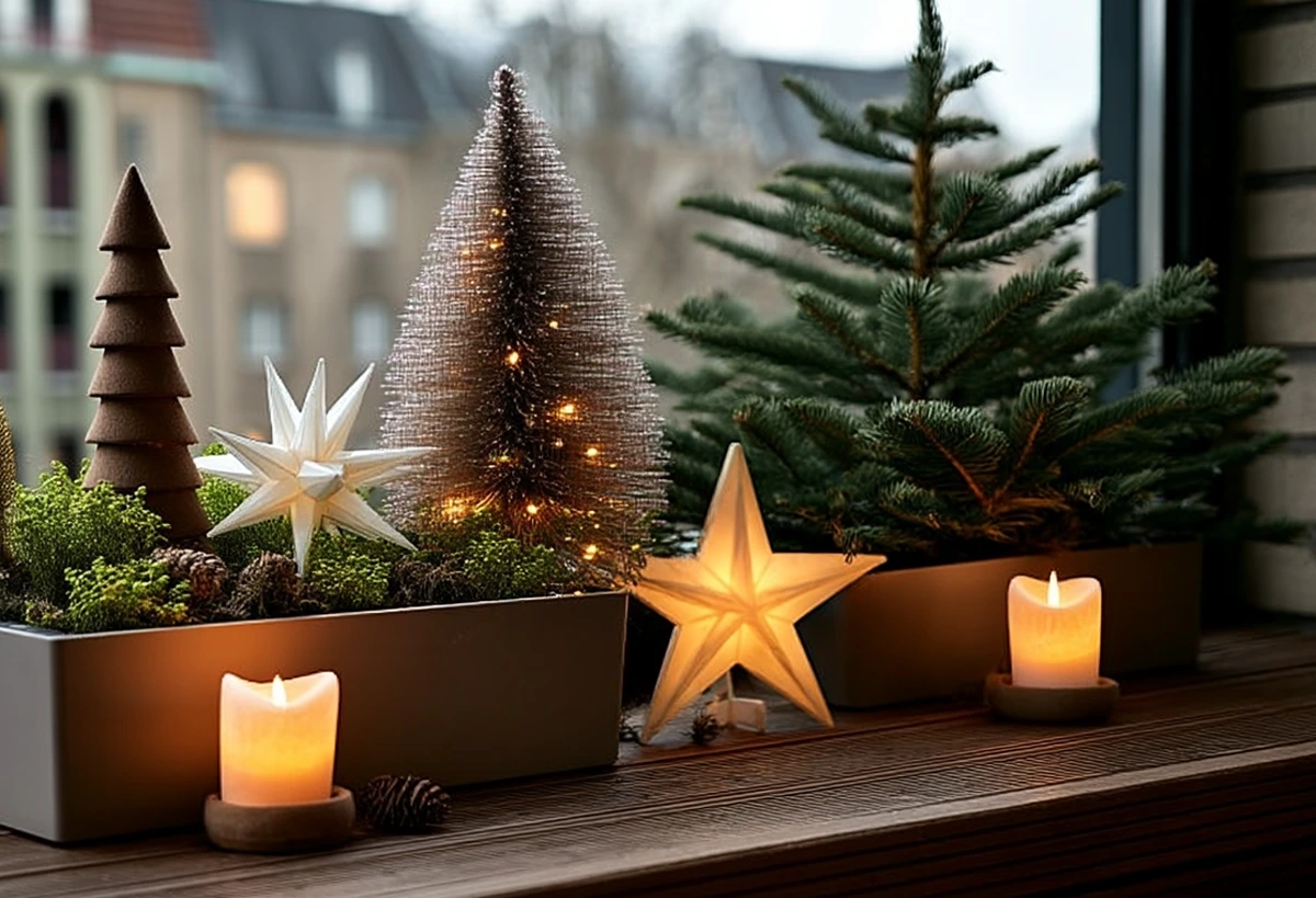 winterliche deko im balkonkasten mit sternen und mini weihnachtsbäumen