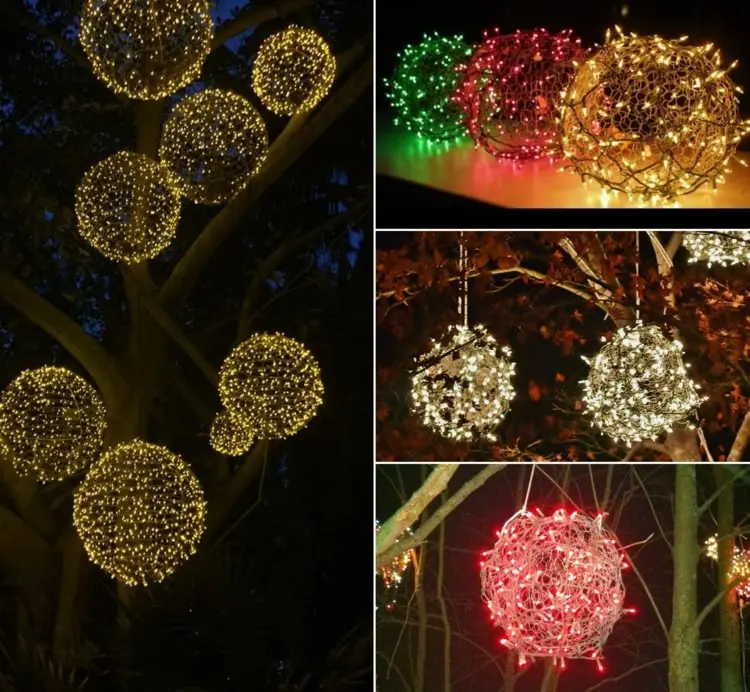 Bäume dekorieren im Garten mit DIY Kugeln aus Hühnerdraht und Lichterketten
