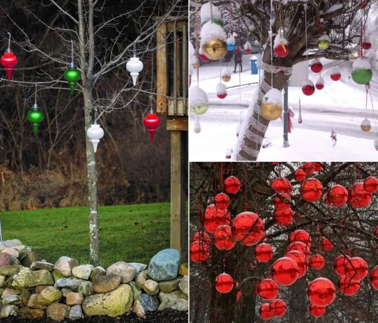 Bäume dekorieren im Garten zu Weihnachten mit Christbaumkugeln