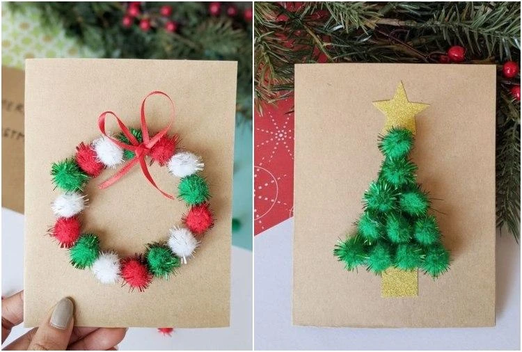 DIY Weihnachtskarten mit Kleinkind Mini Pompons