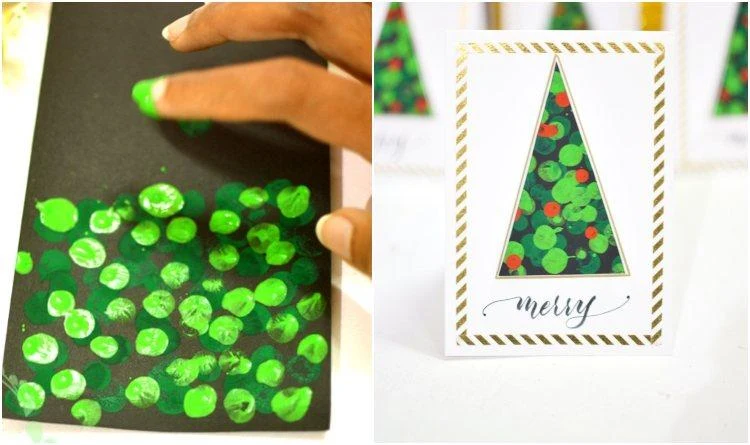 Einfache Idee für Weihnachtskarte mit Fingerabdruck basteln Weihnachtsbaum Motiv