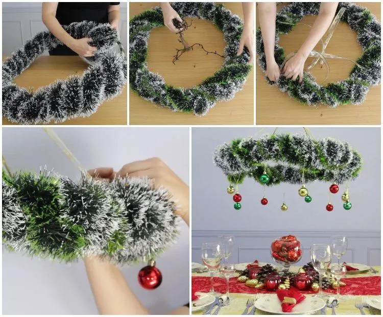 Festlichen Kronleuchter als Weihnachtsdeko über dem Esstisch mit Hula Hoop Reifen basteln