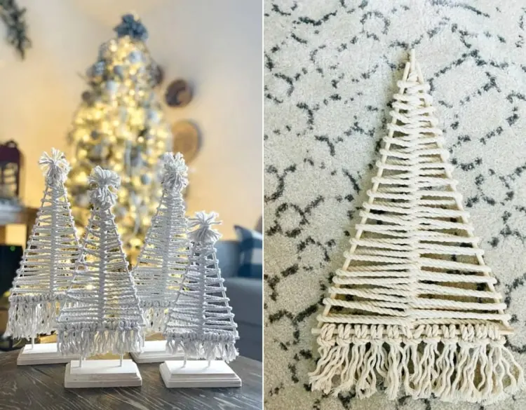 Makramee für Weihnachten mit Holzstäben für einen Tannenbaum als Ständer