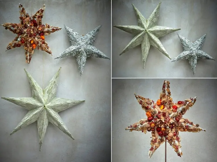 Schwedische Sterne basteln und mit Trockenblumen oder getrockneten Blätter dekorieren