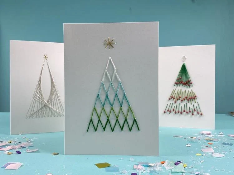 Sticken auf Papier Weihnachtskarte mit Tannenbaum mit Kindern basteln