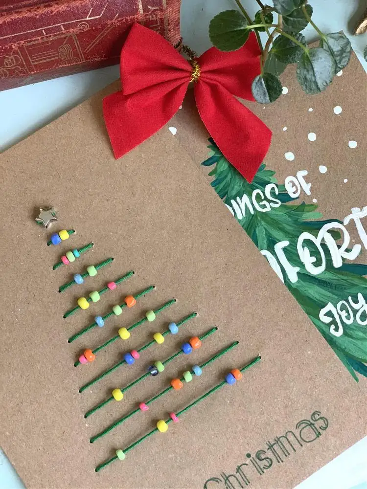 Tanne sticken auf Weihnachtskarte mit Kindern einfaches Motiv