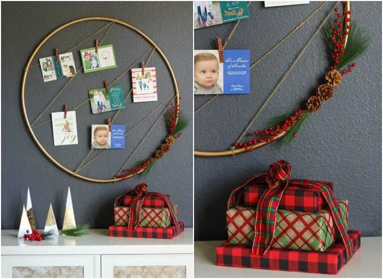 Wanddeko Kartenhalter zu Weihnachten basteln mit Hula Reifen