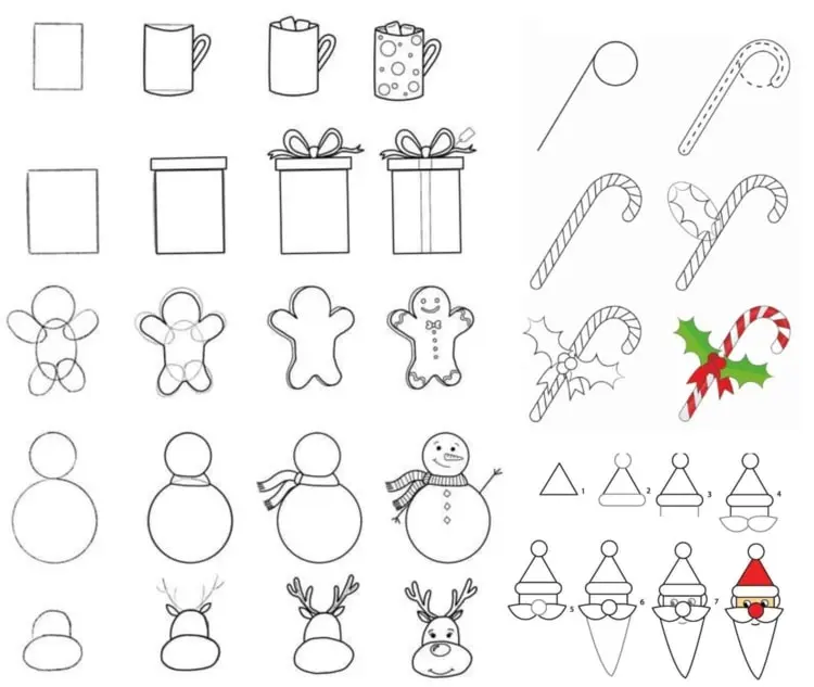 Weihnachtsbilder selber malen - Tasse Kakao, Geschenk, Lebkuchenmann und Zuckerstange