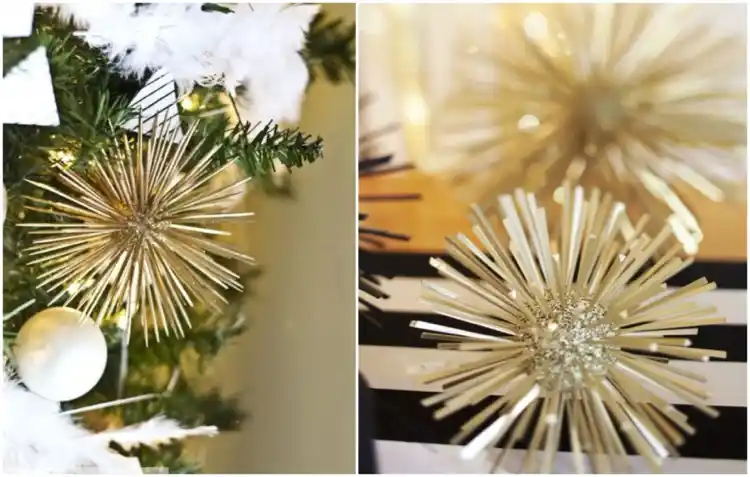 Weihnachtskugel in Gold aus Styroporkugel und Zahnstochern