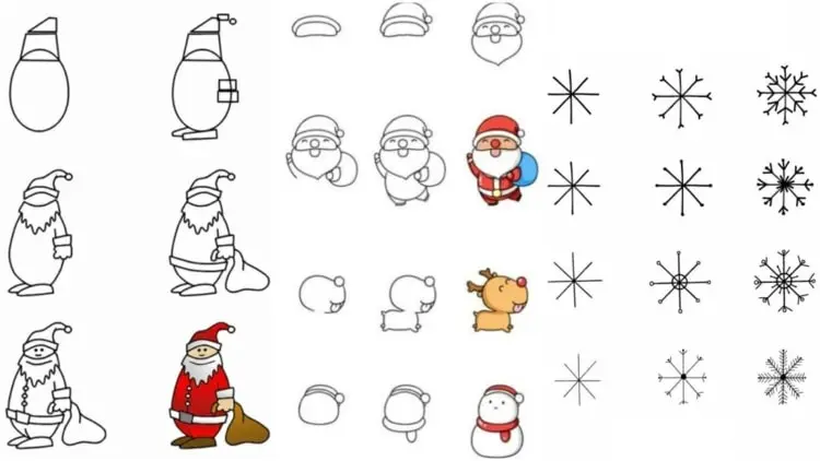Weihnachtsmänner, Schneemann und Schneeflocken für Weihnachtsbilder selber malen
