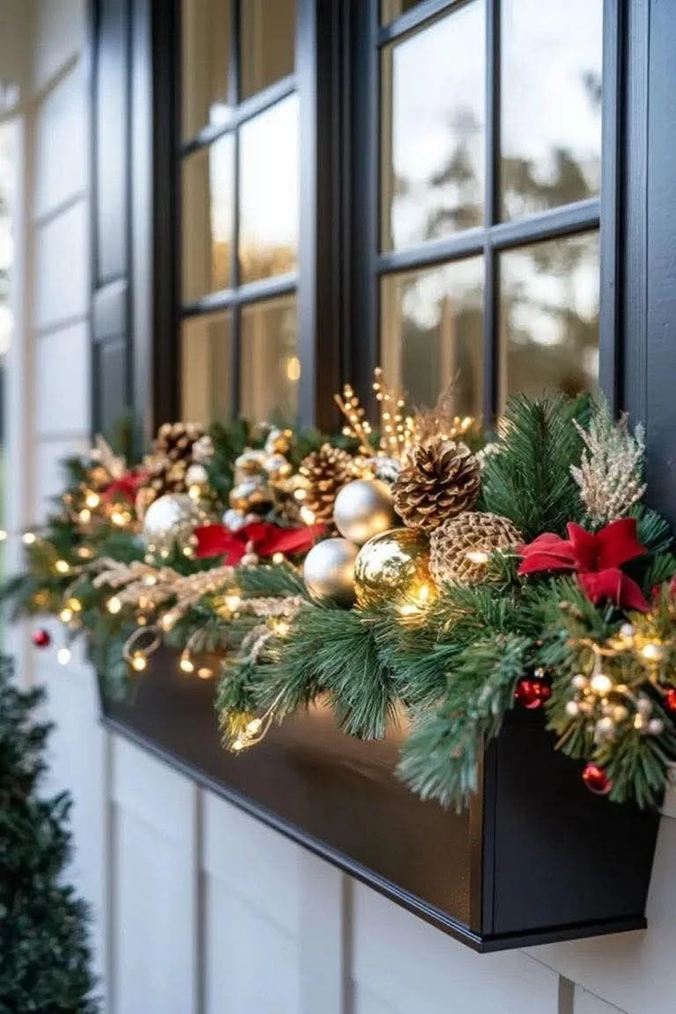 elegante weihnachtsdeko für fensterbank außen mit goldakzenten und lichterkette