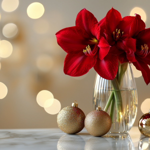 rote amaryllis in einem glas mit goldenen kugeln