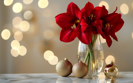 rote amaryllis in einem glas mit goldenen kugeln