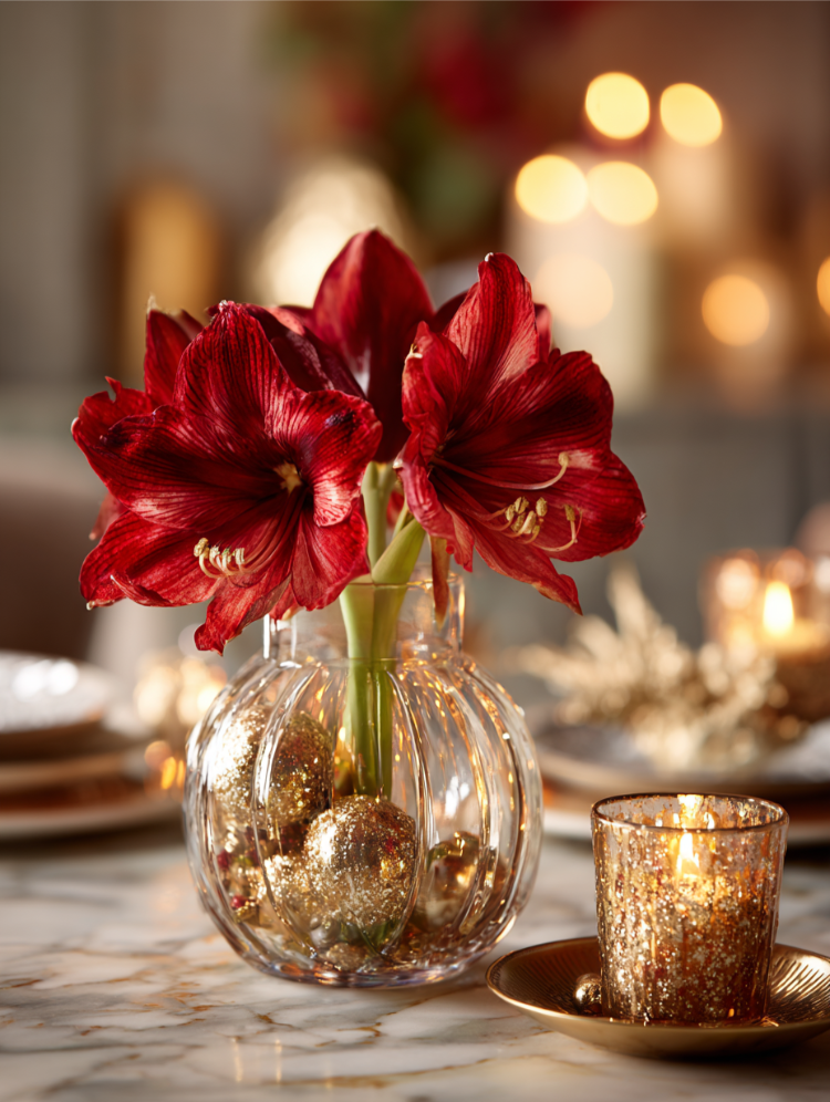 rote amaryllis in einem glas mit goldener dekoration
