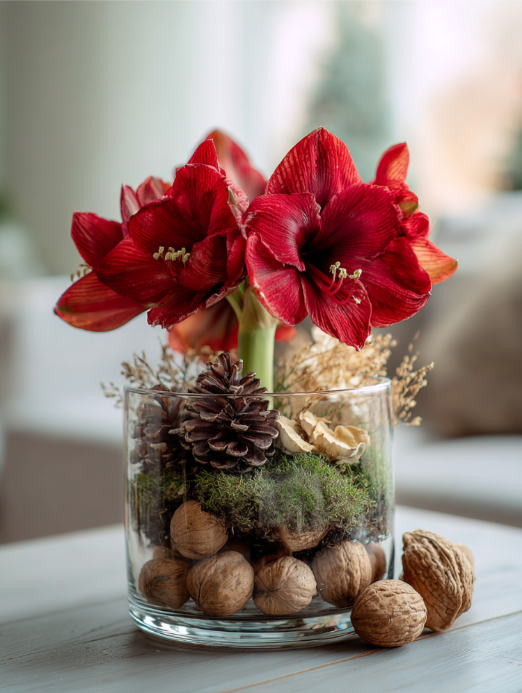 rote amaryllis in einem glas mit walnüssen und moos
