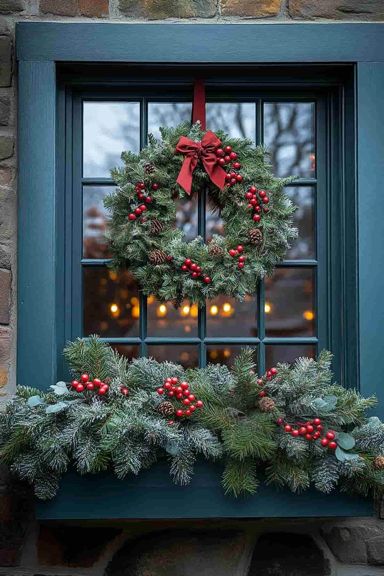 rustikale weihnachtsdeko für fensterbank außen mit tannenzapfen und beeren