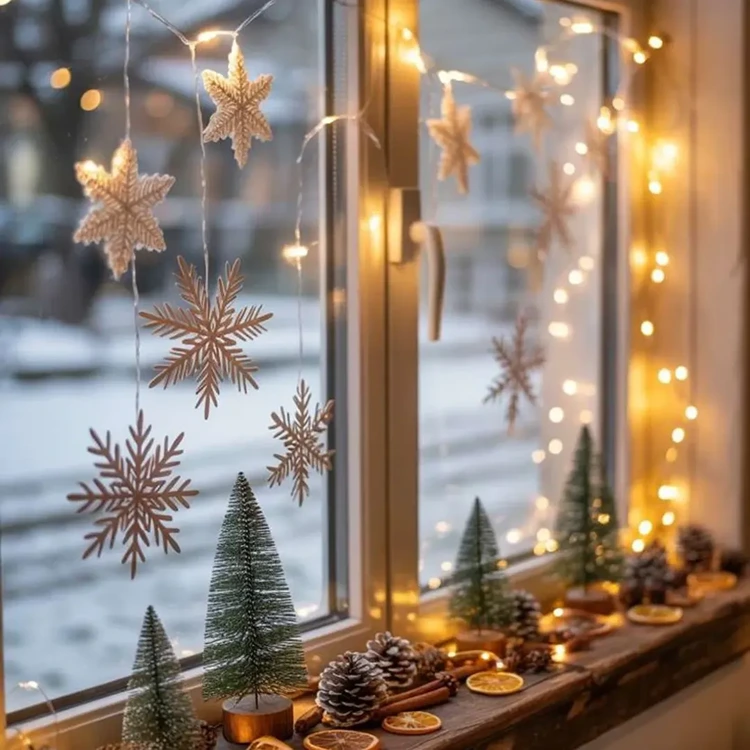 weihnachtsbeleuchtung am fenster händende schneeflocken