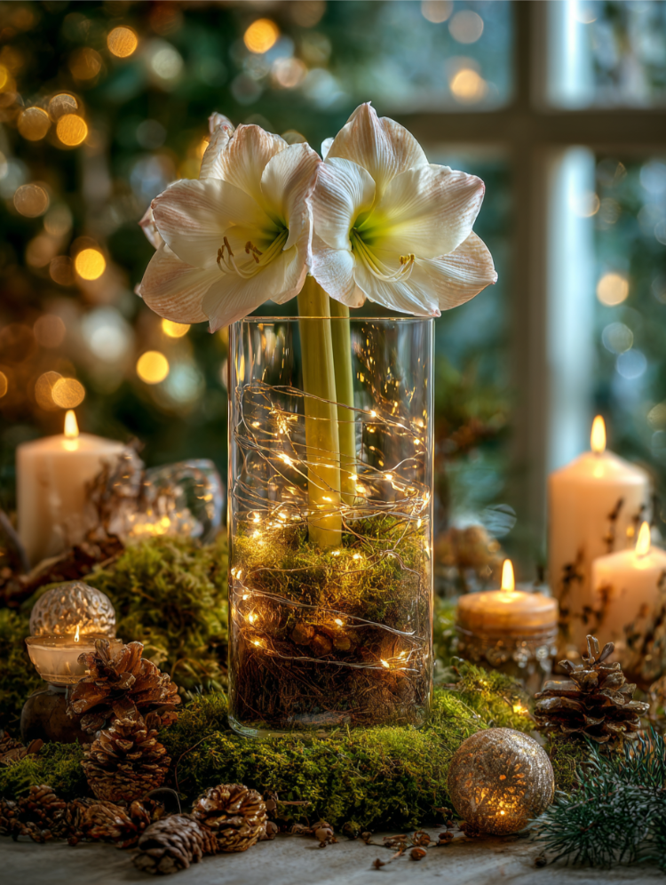 weiße amaryllis in einem glas zu weihnachten