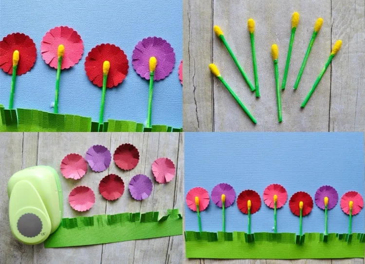 Blumen Grußkarte basteln mit Wattestäbchen mit Kindern kreativ beschäftigen für Frühling