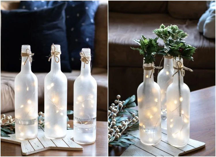 DIY Winterdeko fürs Wohnzimmer dekorative Flaschen mit Lichtern