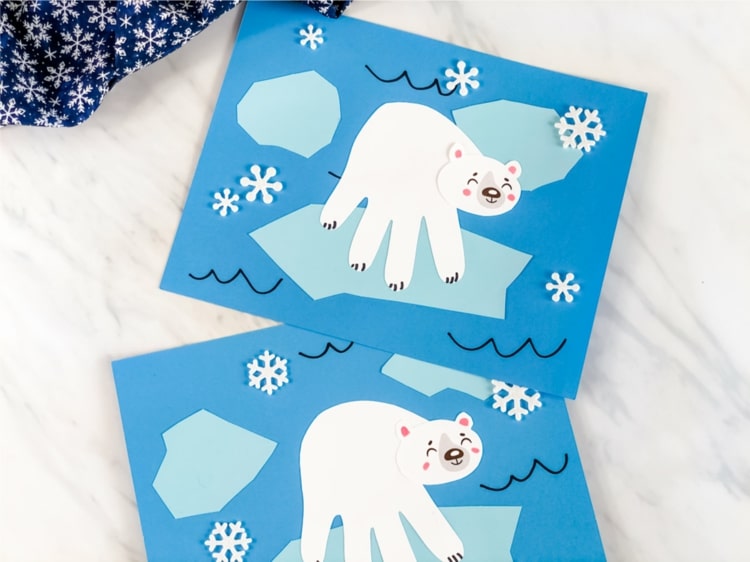 Eisbär basteln aus Papier mit Handabdruck von Kindern