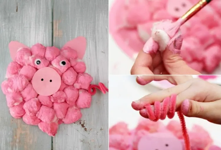 Lustiges Schwein in Rosa basteln mit Watte und Pfeifenreinigern