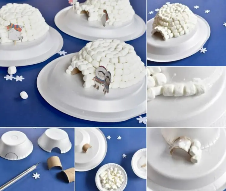 Marshmallow Figuren basteln - Iglus aus Teller und Klorollen