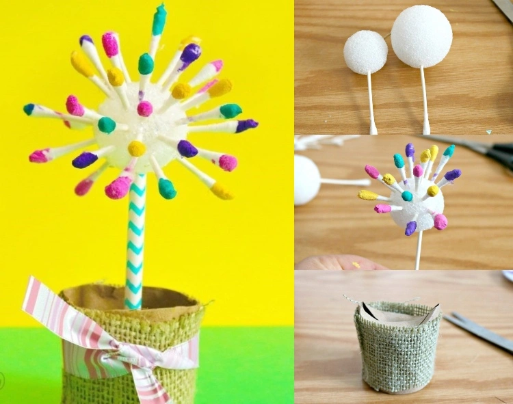 Pusterblume basteln mit Wattestäbchen und Styroporball kreative Beschäftigung für Kinder