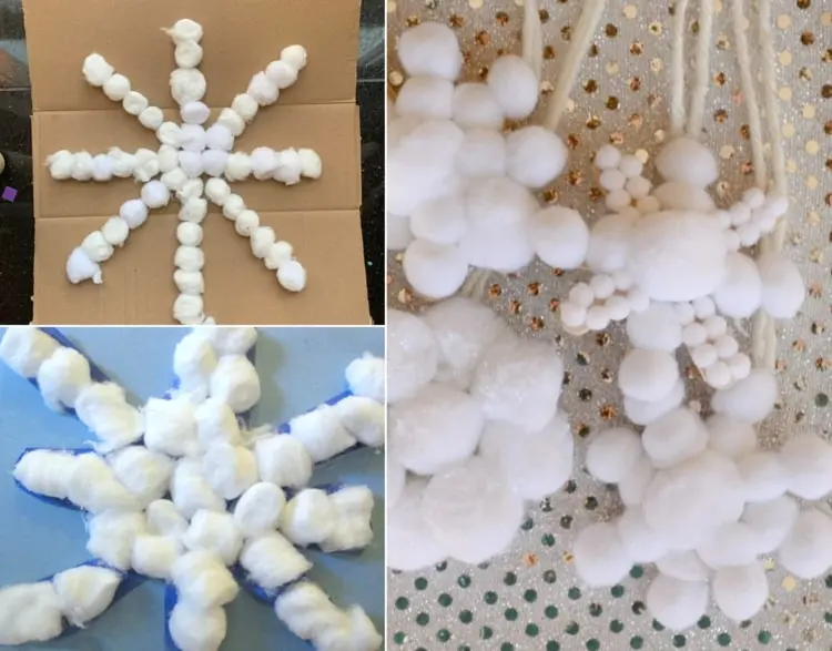 Schneeflocken aus Wattekugeln auf Papier oder Eisstielen