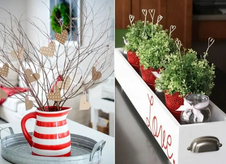 Schöne Ideen für die Tischdeko zum Valentinstag - Strauß aus Zweigen mit Anhängern oder Blumenstecker in Herzform