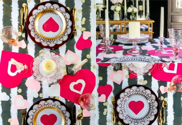 Tisch dekorieren mit Papierherzen in unterschiedlichen Größen