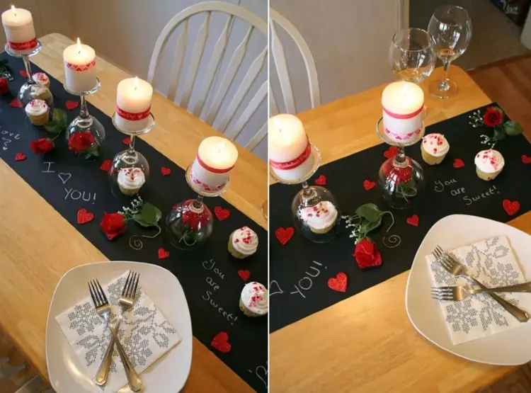 Tischdeko zum Valentinstag mit Tischläufer aus schwarzem Papier