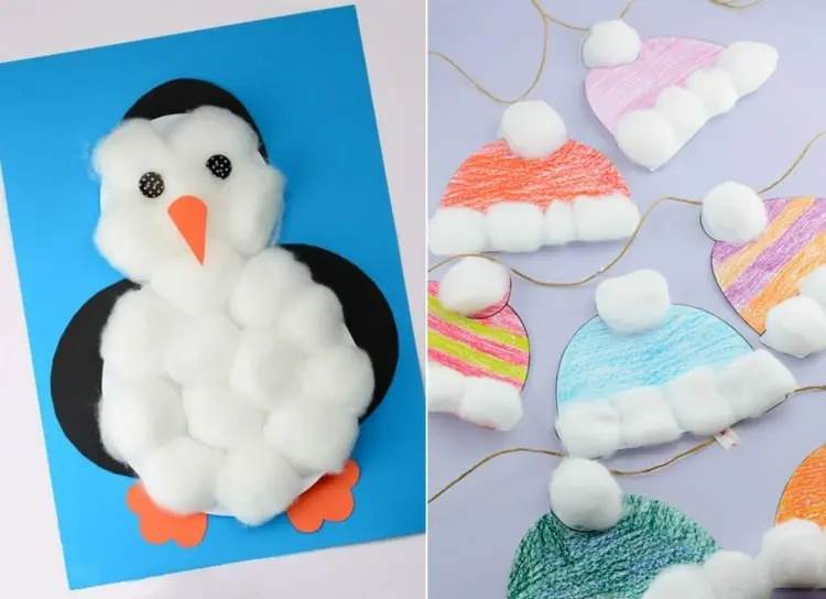 Winterbild basteln mit Watte - Pinguin und Wollmützen aus Papier und für eine Girlande