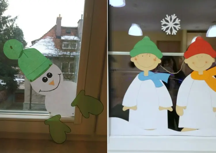 Witzige Fensterbilder aus Papier - Schneemann oder Kinder mit Winterlandschaft