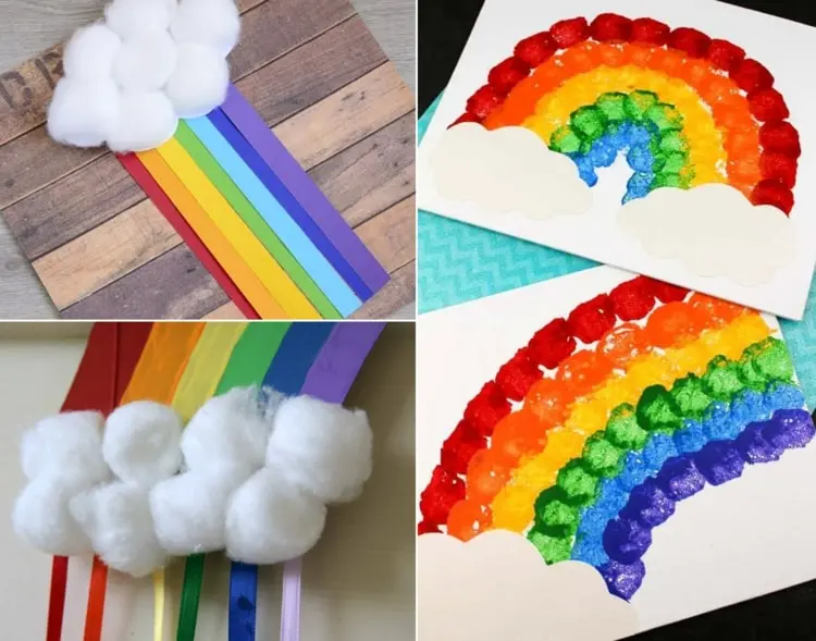 Wolke basteln aus Watte und mit buntem Papier oder Bändern einen Regenbogen machen oder mit Farben tupfen