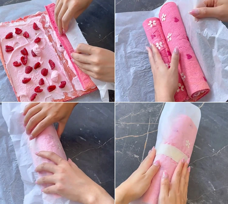 Den Kuchenteig herzförmig einrollen und mit Sahne füllen