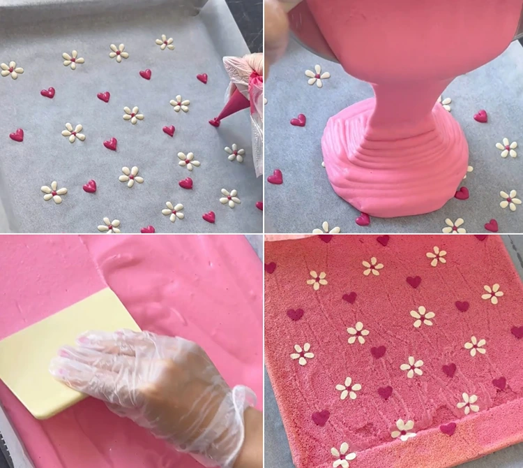 Romantische Motive mit Glasur gestalten und Teig darüber verteilen