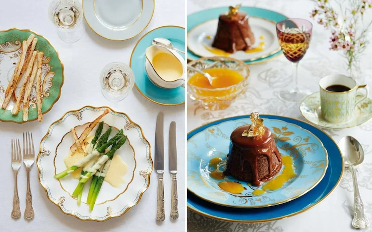 schokoladenmousse dessert und mittagsessen mit spargel als menü für die königliche familie