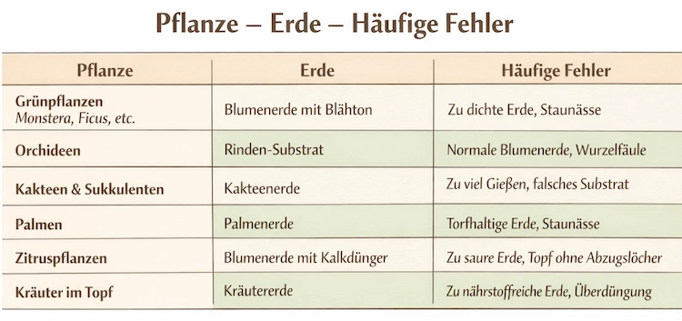 Tabelle Pflanze Erde häufige Fehler