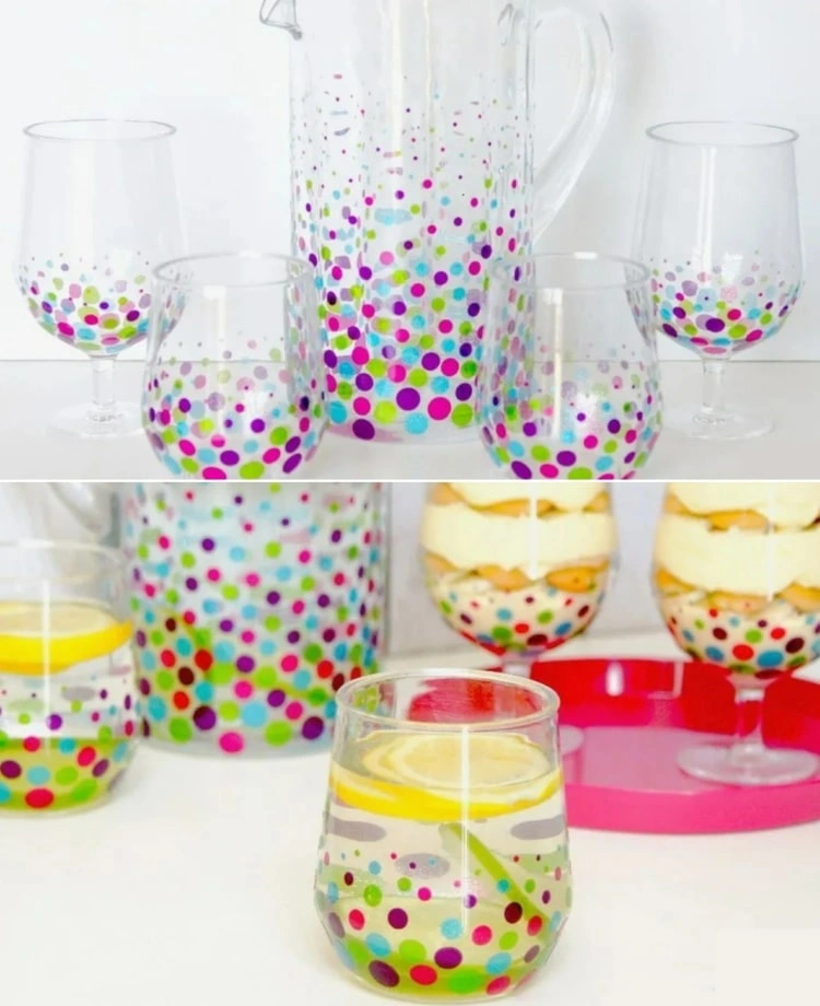 Durchsichtiges Geschirr aus Glas bemalen und Konfetti imitieren